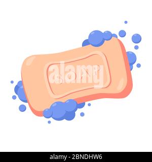 Bar of soap with foam isolated on white background. Vector flat illustration. Soap Bar with Bubbles. Pink bath soap in water. Stock Vector