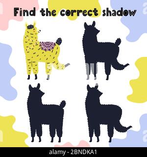 Find the correct shadow activity for kids with cute llama Stock Vector