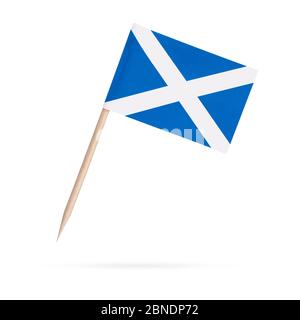 Miniature paper flag Scotland. Isolated Scottish toothpick flag pointer on white background. With shadow below Stock Photo