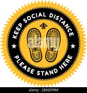 Sign for maintaining social distance with imprints of a pair of shoes on the background. Against the spread of coronavirus. Vector Stock Vector