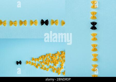 Collage of unique black pasta among yellow on blue background Stock Photo