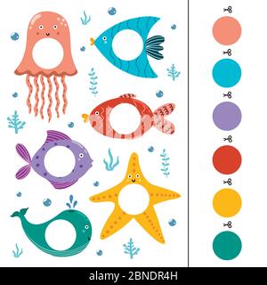 Sea animals color matching game for kids Stock Vector
