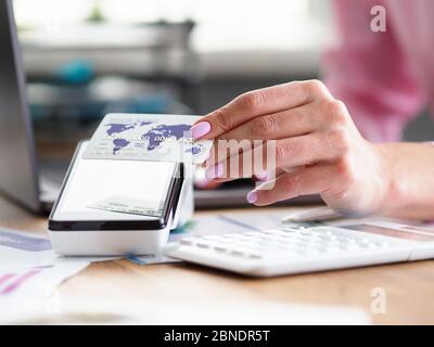 Lady working in bank Stock Photo
