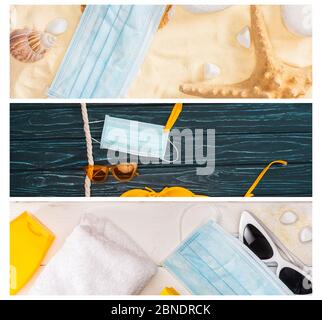 Collage of medical mask, sunglasses and sunscreen with seashells on sand and wooden background Stock Photo