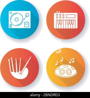 Musical instruments flat design long shadow glyph icons set Stock Vector