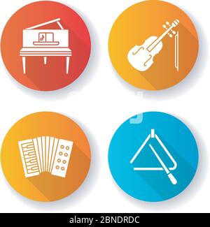 Music performance flat design long shadow glyph icons set Stock Vector