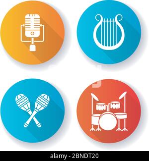Band musical instruments flat design long shadow glyph icons set Stock Vector