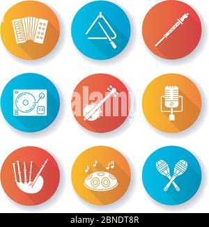Band musical instruments flat design long shadow glyph icons set Stock Vector