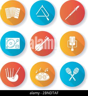 Band musical instruments flat design long shadow glyph icons set Stock Vector