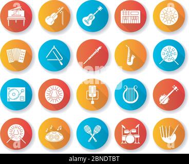 Classical musical instrument flat design long shadow glyph icons set Stock Vector