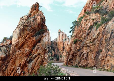 panoramic road called D81 which passes in the middle of the rocky rocks in the North of Corsica Island in France Stock Photo