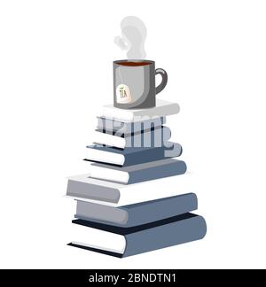 a stack of books. a cup stands on a bookstore. Vector illustration isolated on white background. Concept of remote work and online learning Stock Vector