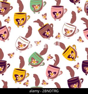 Vector cup pattern. Cute cups with tea. Pattern for kitchen textiles. Stock Vector