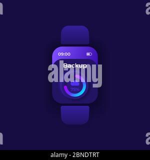 System backup smartwatch interface vector template. Mobile app notification night mode design. Files copying process screen. Flat UI for application Stock Vector