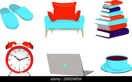 Slippers, alarm clock, chair, laptop. Household items. Home comfort. Work from home. Freelance. Vector illustration isolated on white background Stock Vector
