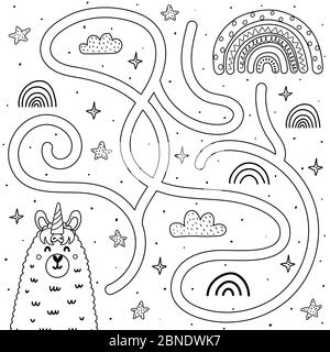 Help the llamacorn get to the rainbow. Black and white maze game Stock Vector