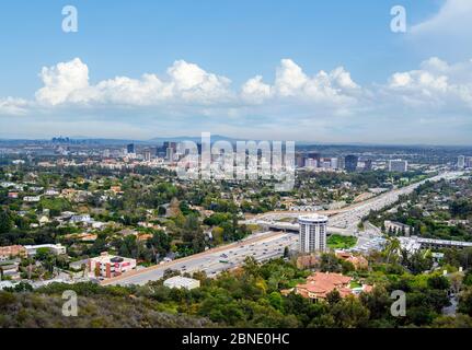 Skyline from The Getty Center with the San Diego Freeway (I-405) in the foreground, Los Angeles, California, USA Stock Photo