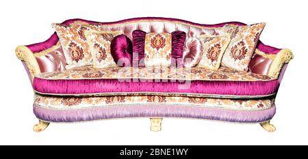Luxurious sofa upholstered in expensive brocade textile fabric isolated on a white background. Stock Photo