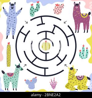 Which llama gets to the cactus. Funny maze game for kids with alpacas Stock Vector