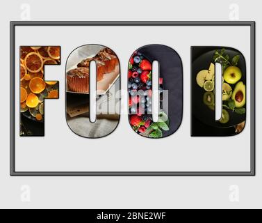 Word FOOD over different types of healthy food on white background. Healthy eating, catering, organic ingridients concept. Stock Photo