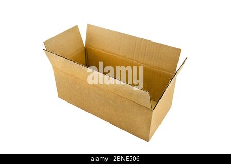 An open, large, rectangular cardboard box made of corrugated cardboard, isolated on a white background with a clipping path. Stock Photo