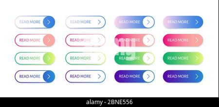 Website button Read More with arrow. Simple gradient flat buttons. Rounded vector continue navigation web element Stock Vector