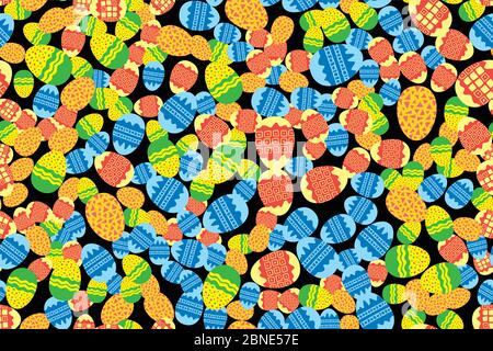Colorful Easter eggs randomly placed on black background. Christian holiday seamless pattern. Wrapping or greeting card texture. Bright colors vector Stock Vector