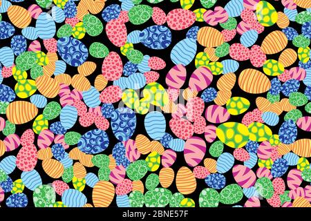 Colorful Easter eggs randomly placed on black background. Christian holiday seamless pattern. Wrapping or greeting card texture. Bright colors vector Stock Vector