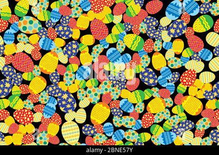 Colorful Easter eggs randomly placed on black background. Christian holiday seamless pattern. Wrapping or greeting card texture. Bright colors vector Stock Vector