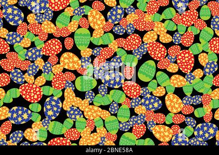 Colorful Easter eggs randomly placed on black background. Christian holiday seamless pattern. Wrapping or greeting card texture. Bright colors vector Stock Vector
