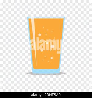 Glass full of fresh sparkling orange juice. Flat icon isolated on checkered background. Yellow liquid in transparent container. Stylized vector eps10 Stock Vector