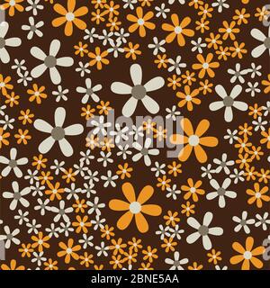 Simple flat flowers seamless pattern. Colorful blossom randomly placed on brown background. Abstract stylized florets wrapping floral texture. Vector Stock Vector