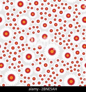 Simple flat flowers seamless pattern. Colorful blossom randomly placed on gray background. Abstract stylized florets wrapping floral texture. Vector e Stock Vector