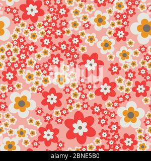 Simple flat flowers seamless pattern. Colorful blossom randomly placed on pink background. Abstract stylized florets wrapping floral texture. Vector e Stock Vector