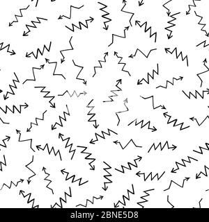 Hand drawn zigzag arrows randomly placed on white background. Seamless pattern. Right, left, up and down abstract pointers with arrowheads wrapping te Stock Vector