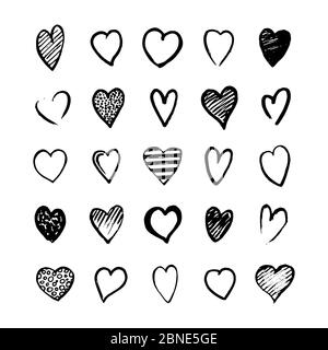 Heart icons hand drawn set in doodle style. Sketchy design elements for Valentines day or wedding. Black love symbols isolated on white. Vector eps8 i Stock Vector