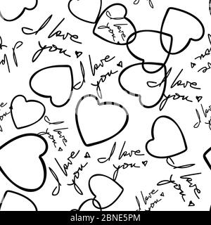 I love you phrase and hearts seamless pattern. Romantic quotes and symbols randomly placed on white background. Wrapping texture suitable for Valentin Stock Vector