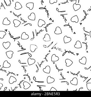 I love you phrase and hearts seamless pattern. Romantic quotes and symbols randomly placed on white background. Wrapping texture suitable for Valentin Stock Vector