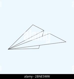 Paper plane flat line icon isolated on light blue background. Contour symbol of a papercraft origami airplane. Vector eps8 linear illustration. Stock Vector