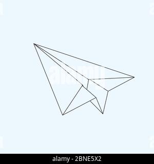 Paper plane flat line icon isolated on light blue background. Contour symbol of a papercraft origami airplane. Vector eps8 linear illustration. Stock Vector
