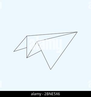 Paper plane flat line icon isolated on light blue background. Contour symbol of a papercraft origami airplane. Vector eps8 linear illustration. Stock Vector