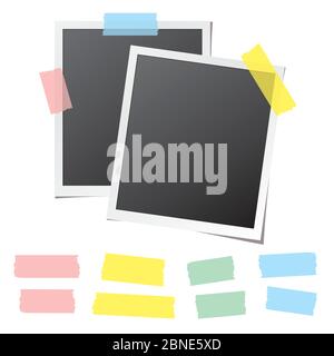 Retro photo cards fixed on white background and collection of colorful sticky tape pieces. Paper frame template with blank space for your image. Detai Stock Vector