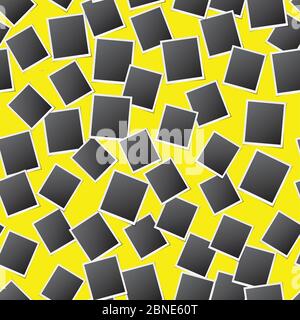 Seamless pattern of retro photo frames randomly placed on yellow background. Paper cards repeating texture. Vector eps10 illustration with transparenc Stock Vector