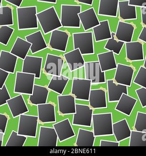 Seamless pattern of retro photo frames randomly placed on green background. Paper cards repeating texture. Vector eps10 illustration with transparency Stock Vector