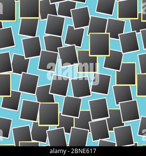 Seamless pattern of retro photo frames randomly placed on light blue background. Paper cards repeating texture. Vector eps10 illustration with transpa Stock Vector