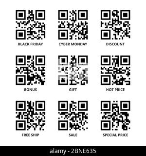 Sale, discount, black friday and other promotional QR codes set. Quick response barcodes with advertisement and special offer texts encoded in it. Rea Stock Vector
