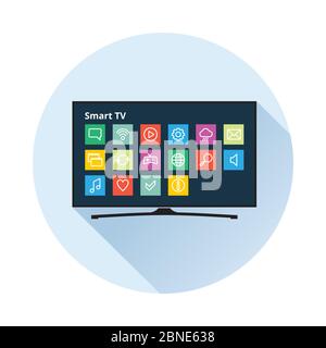 Smart TV icon in flat style. LED TV with colorful application buttons on display. Vector eps8 illustration. Stock Vector