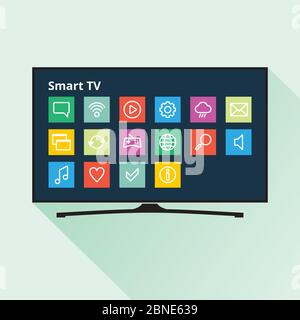Smart TV icon in flat style. LED TV with colorful application buttons on display. Vector eps8 illustration. Stock Vector