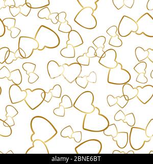 Two hearts seamless pattern. Golden pairs of heart symbols randomly placed on white background. Romantic wrapping texture for Valentine day gift or gr Stock Vector