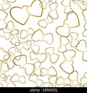 Two hearts seamless pattern. Golden pairs of heart symbols randomly placed on white background. Love style wrapping texture for Valentine day gift or Stock Vector